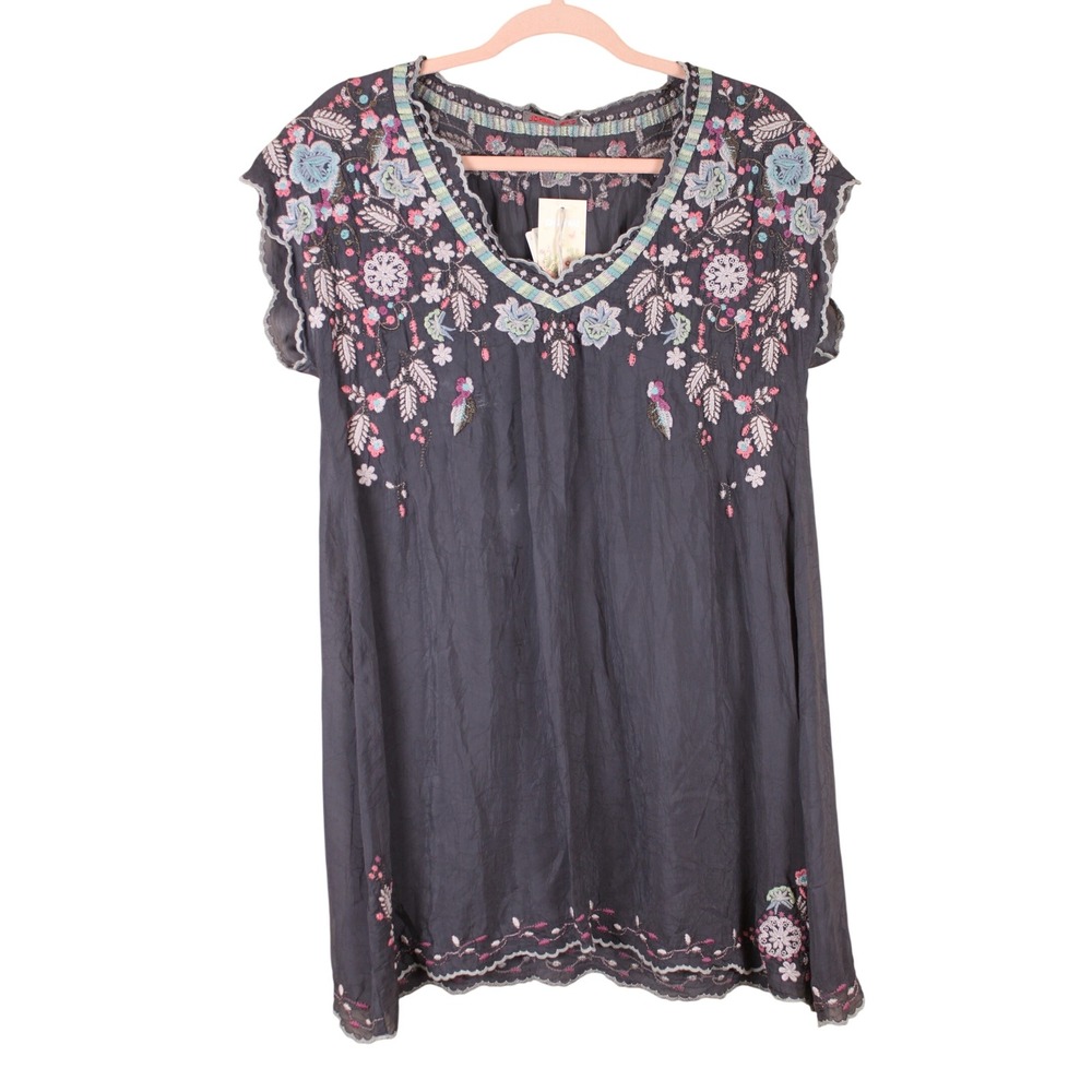 NWT Johnny Was Hayden Tunic Boho Luxe Cottage Core Gray Floral Embroidery Top XS
